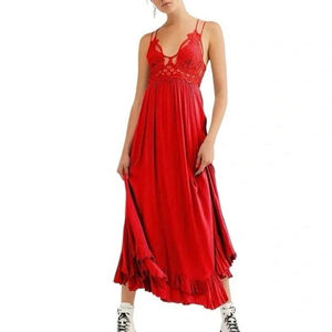 Free People FP One Adella Long Maxi Slip Dress Crochet Lace Red Boho